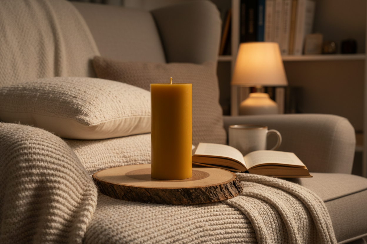 Flat Top Seven Inch Pillar Candle in cozy home setting