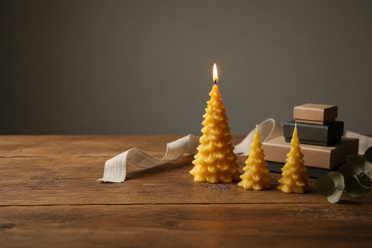 Beeswax tree candles with linen ribbon and kraft gift boxes on a weathered oak table