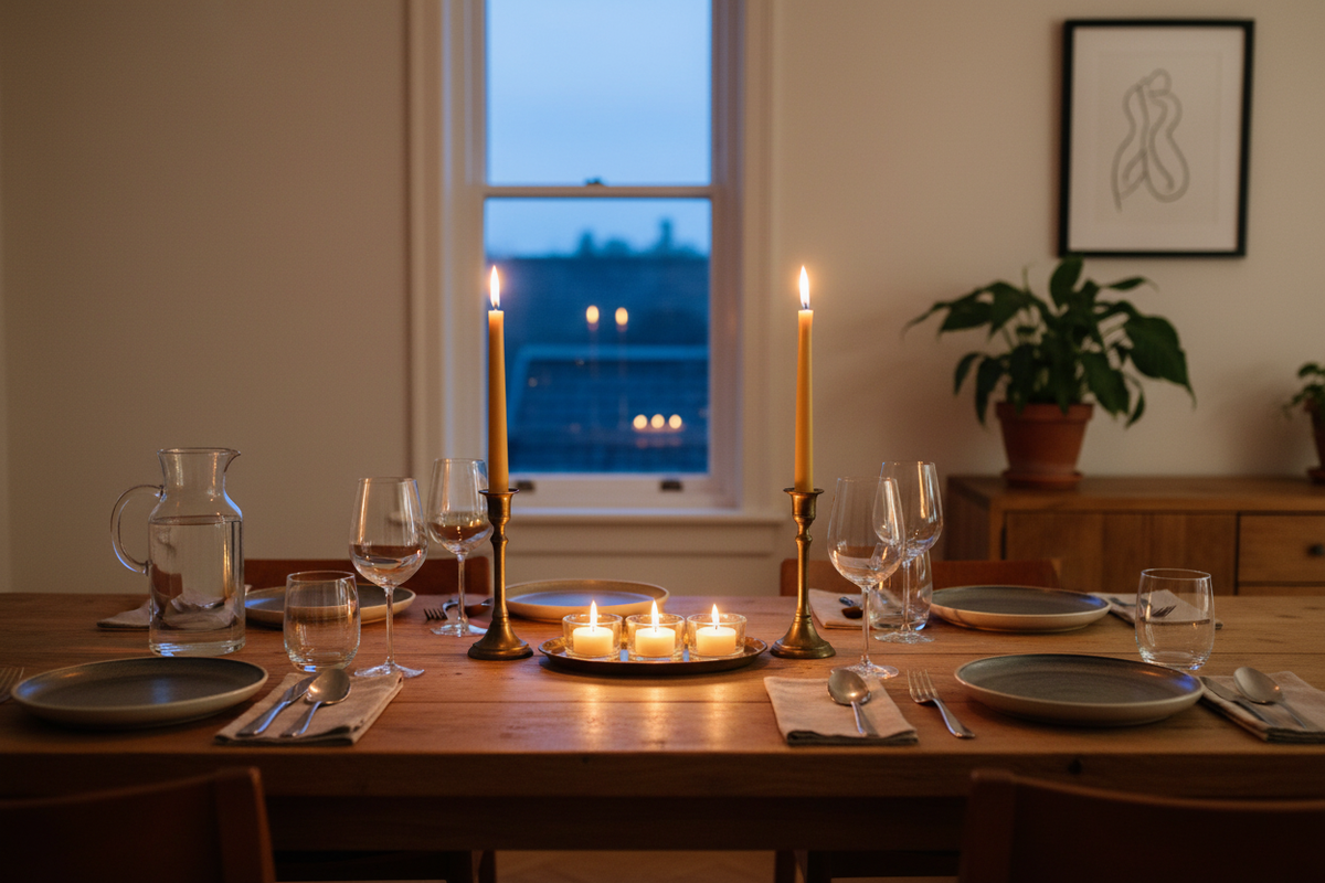 Option A refined: symmetrical centrepiece with tea lights between the tapers