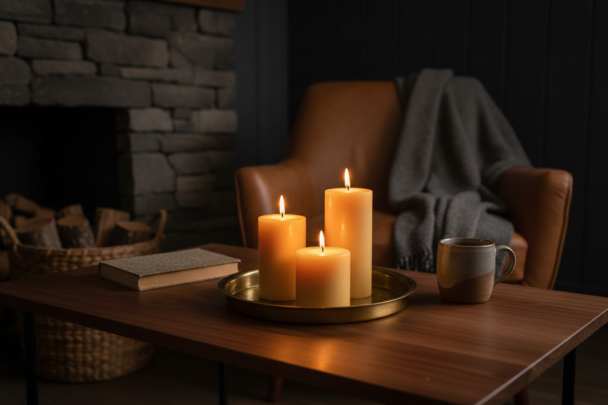Option B revised: pillar trio on a brass tray in the dark reading corner